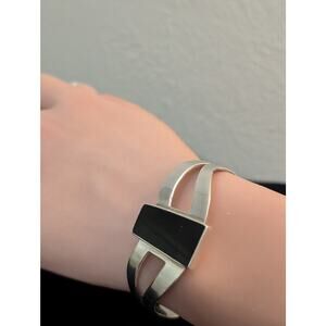 Taxco Mexico 925 Sterling Silver Black Onyx Modernist Split Band Cuff Bracelet